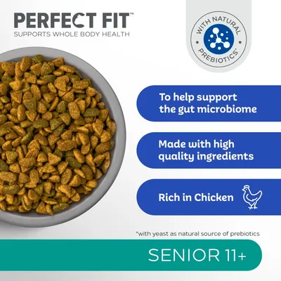 Perfect Fit Senior 11+ dry food with natural prebiotics, supports gut microbiome, made with high quality ingredients, rich in chicken, suitable for senior pets aged 11 and over.