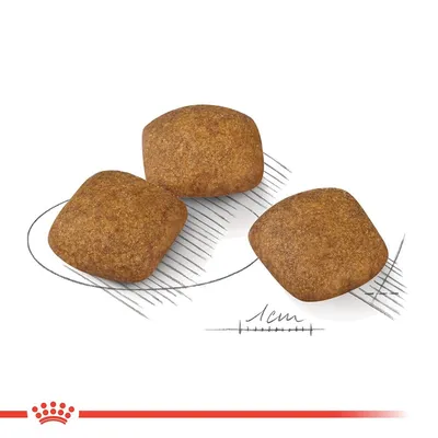 Три квадратни гранули за домашни любимци, показани до скица с мащаб 1 см за сравнение на размера. В долната част има червена корона и линия.