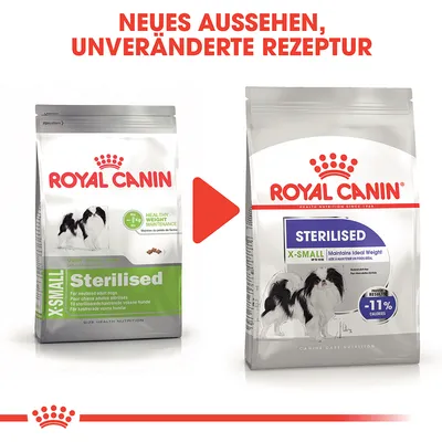 Porovnání starého a nového balení krmiva Royal Canin X-Small Sterilised pro dospělé psy, viditelný nápis -11 % kalorií. Text nahoře: NEUES AUSSEHEN, UNVERÄNDERTE REZEPTUR.