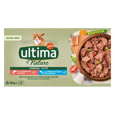 Ultima Nature Terrine Paté, 85g x4, z łososiem i rybą oceaniczną. Bez dodatku barwników i konserwantów.