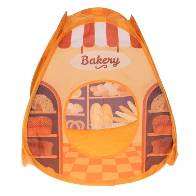 Spielzelt mit Bäckerei-Motiv, orangefarbenes Design mit Broten und Gebäck auf Regalen, Eingang in der Mitte.