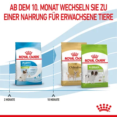 Royal Canin Hinweis: Ab dem 10. Monat wechseln Sie von Puppy X-Small zu Adult-Nahrung wie Chihuahua Adult oder X-Small Adult. Übergang von Welpen- zu Erwachsenennahrung.