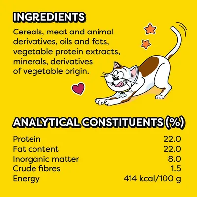 Ingredients: cereals, meat and animal derivatives, oils and fats, vegetable protein extracts, minerals. Analytical constituents per 100g: protein 22%, fat 22%, inorganic matter 8%, fibre 1.5%, energy 414 kcal.