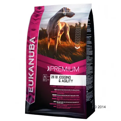 Saco de ração Eukanuba Premium 28|18 Jogging & Agility para cães adultos, com imagem de cão e texto visível na embalagem.