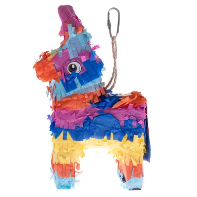 Jouet en forme de lama recouvert de papier coloré, muni d'une corde avec mousqueton pour suspension. Matériau visible : papier, corde, métal.