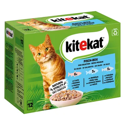 Kitekat Fisch-Box in Gelee, 12 Portionen: 6x Lachs, 3x Weissfisch, 3x Kabeljau. Natural Vitality, 100% Complete. Recyclingfähig.