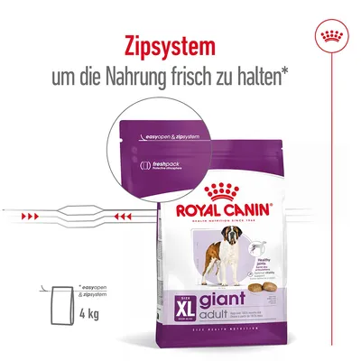 Sac Royal Canin XL giant adult 4 kg avec système de fermeture zip, texte visible en allemand : Zipsystem um die Nahrung frisch zu halten, easyopen & zipsystem, freshpack protective atmosphere.