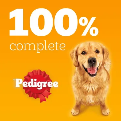 Text reads '100% complete' with the word 'Pedigree' on a red ribbon, shown next to a dog. Indicates product is fully balanced according to the image.