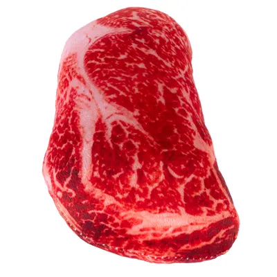 Игрушка в форме сырого куска мяса с красными и белыми узорами, подходит для домашних животных.