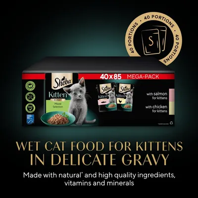 Sheba Kitten wet food mega-pack, 40 x 85g portions in gravy. Mixed selection with salmon and chicken for kittens. Made with natural ingredients, vitamins and minerals.