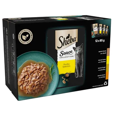 Sheba Sauce Collection Poultry Selection, 12 x 85g. Includes sauce lover with duck, chicken, poultry, and turkey. Made with natural quality ingredients. Image shows food in sauce.
