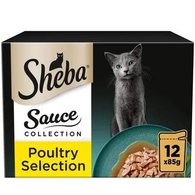 Sheba Sauce Collection Poultry Selection, 12 packs of 85g each, shown with a bowl of poultry pieces in sauce.