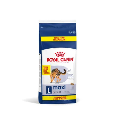 Royal Canin Maxi Adult, 15 kg + 3 kg gratis, für grosse Hunde ab 15 Monate, unterstützt Verdauungsgesundheit.