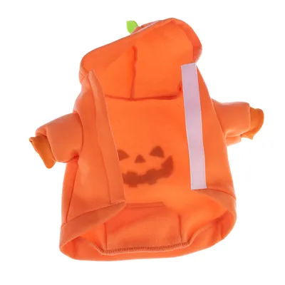 Orangefarvet kæledyrshættetrøje med græskargesigt-print og velcrolukning, egnet til Halloween-dekoration.