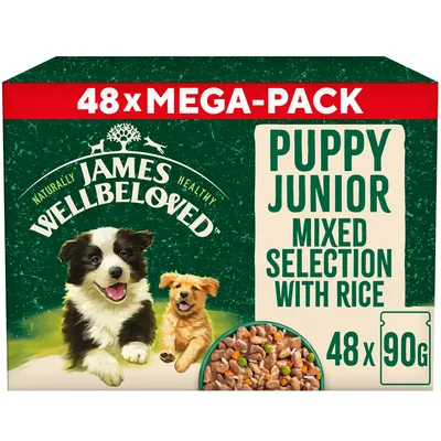 James Wellbeloved Puppy Junior Mixed Selection with Rice, 48 x 90g mega-pack. Image shows product name and a bowl of food.