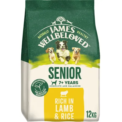 Senior 7+ years complete and balanced food, hypoallergenic for pets with sensitivities, rich in lamb and rice, 12kg.