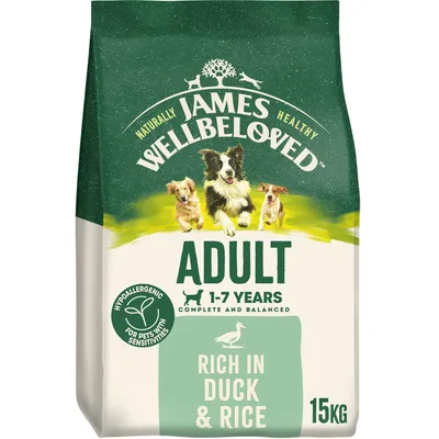 Adult 1-7 years, complete and balanced, hypoallergenic for pets with sensitivities, rich in duck and rice, 15kg.