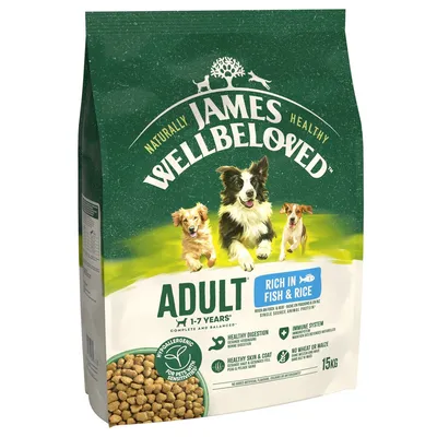 James Wellbeloved Adult 1-7 Years, rich in fish and rice, hypoallergenic dry food. Highlights: healthy digestion, immune system support, healthy skin and coat, no wheat or maize. 15kg bag.