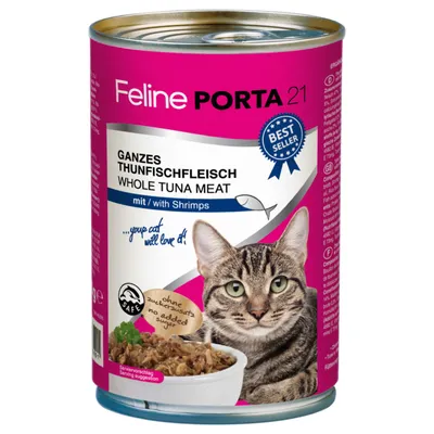 Feline Porta 21 egész tonhalhús garnélával, hozzáadott cukor nélkül, bestseller, tálalási javaslat macskaképpel a dobozon. Feline Porta 21 egész tonhalhús garnélával, hozzáadott cukor nélkül, bestseller, tálalási javaslat macskaképpel a dobozon.