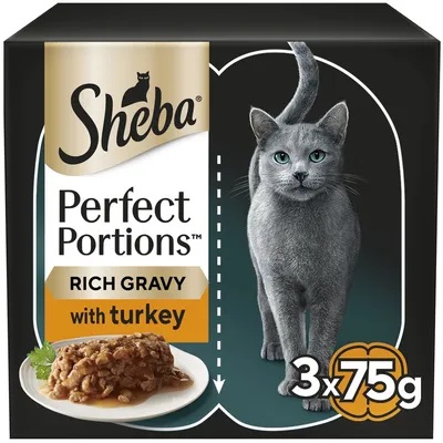 Sheba Perfect Portions Rich Gravy with turkey, 3 x 75g packs shown with food portion on plate and product details visible.