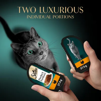 Two individual 37.5g portions shown in hand, with text stating 'Two luxurious individual portions' and an image of a grey cat in the background.