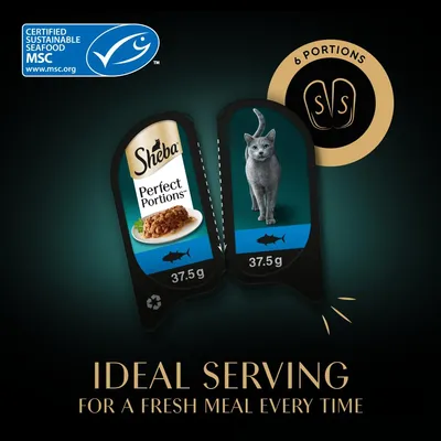 Sheba Perfect Portions seafood, 37.5g per serving, MSC certified sustainable seafood, six portions shown, ideal serving for a fresh meal every time.