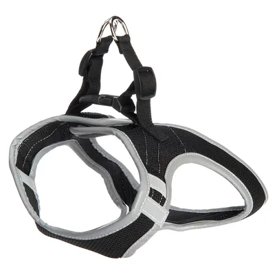Schwarzes und graues Hundegeschirr mit reflektierenden Streifen, verstellbaren Gurten und zwei Metallringen für die Leine.