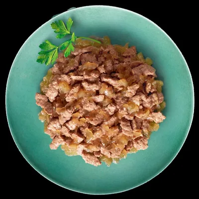 Plate containing chunks of wet pet food in gravy, garnished with a sprig of parsley. Shows texture and portion size for product evaluation.