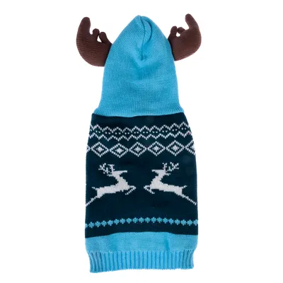 Blauer Hundepullover mit Rentier-Muster und braunen Geweih-Applikationen auf der Kapuze.