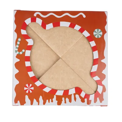 Verpackung mit orangefarbenem Design, rot-weiss gestreiften Zuckerstangen und grünen sowie roten Bonbon-Motiven. Sichtfenster zeigt braunes Produktmaterial.
