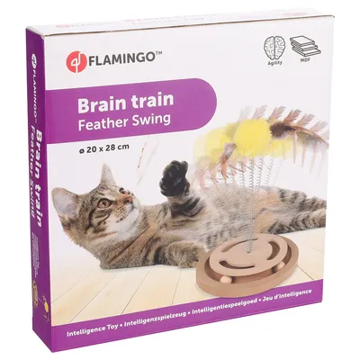 Flamingo Brain Train Feather Swing, zabawka edukacyjna dla kotów, wymiary: Ø 20 x 28 cm, z żółtymi piórami i drewnianą podstawą. Wspiera zwinność, z MDF.