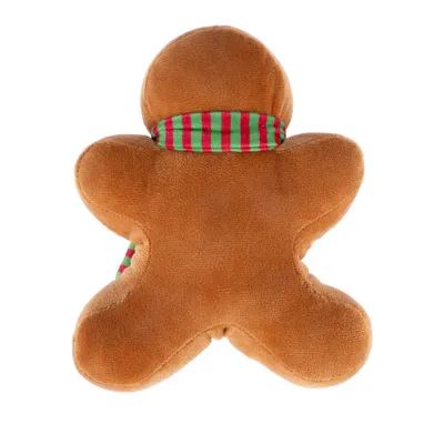 Jouet en peluche marron en forme de bonhomme, vu de dos, avec une écharpe rayée rouge et verte autour du cou. Matière textile douce visible.