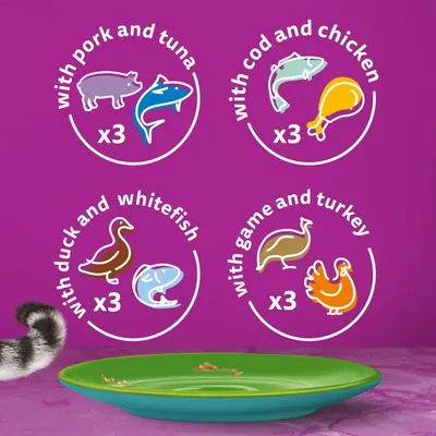 Product contains 3 portions each of pork and tuna, cod and chicken, duck and whitefish, game and turkey. Illustrated icons show each flavour combination.