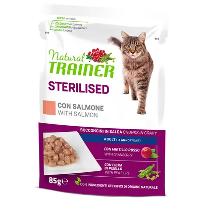 Natural Trainer Sterilised with salmon, bocconcini in sauce, for adult cats from 1 year, with cranberry and pea fibre, no colourants, preservatives or flavourings. 85g.