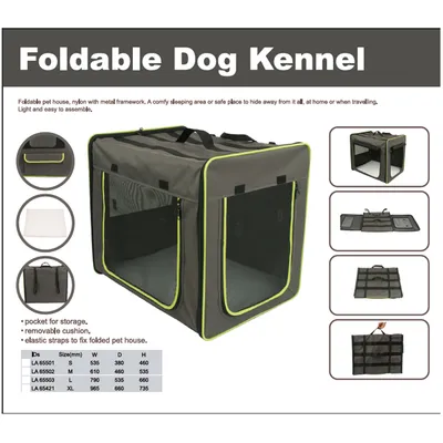 Niche pliable pour chien en nylon avec armature métallique, coussin amovible, poche de rangement, sangles élastiques. Tableau des tailles : S à XL, largeur 535–965 mm, hauteur 460–735 mm.