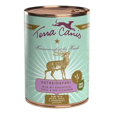 Terra Canis Hausmannskost für Hunde dåse, GETREIDEFREI, vildt med kartofler, æble og tranebær, 100 % Natur, tekst på engelsk: game with potato, apple & cranberries, grain-free Terra Canis Hausmannskost für Hunde dåse, GETREIDEFREI, vildt med kartofler, æble og tranebær, 100 % Natur, tekst på engelsk: game with potato, apple & cranberries, grain-free