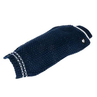Dunkelblauer gestrickter Hundepullover mit weissem Streifenmuster und Pfoten-Logo.