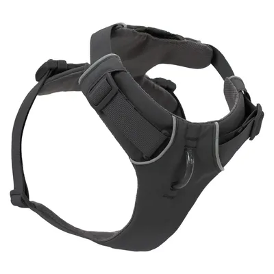 Black dog harness with adjustable straps and reflective strips, suitable for secure hold and control.