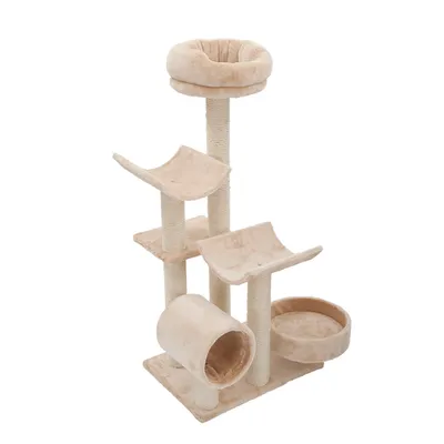 Arbre à chat beige avec plusieurs plateformes, un tunnel, deux paniers ronds et des poteaux recouverts de corde pour griffer. Structure en tissu et sisal visible.