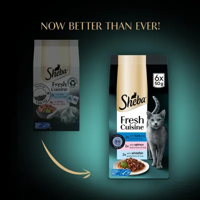 Comparison of old and new Sheba Fresh Cuisine packaging, highlighting 'Now better than ever!' with details: 6x50g packs, tuna, salmon, whitefish with a hint of rice, Taste of Tokyo.