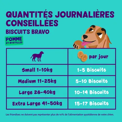 Recommandation d’alimentation pour Biscuits Bravo : Small 1-10kg 1-5 biscuits, Medium 11-25kg 5-10 biscuits, Large 26-40kg 10-14 biscuits, Extra Large 41-50kg 15-17 biscuits par jour.