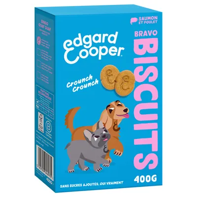 Edgard Cooper Bravo Biscuits au saumon et poulet, 400g. Sans sucre ajouté. Emballage avec deux chiens et images de biscuits.