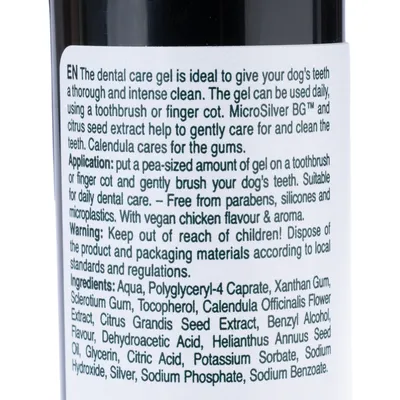 Zahnpflege-Gel für Hunde mit MicroSilver BG™, veganem Hühnergeschmack, frei von Parabenen, Silikonen und Mikroplastik. Anwendung: Erbsengrosse Menge täglich auf Zahnbürste oder Fingerling.