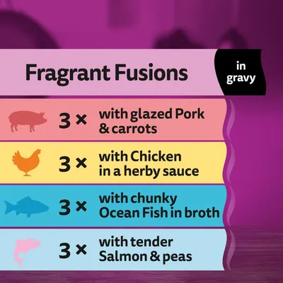 Fragrant Fusions in gravy: 3 with glazed pork and carrots, 3 with chicken in herby sauce, 3 with chunky ocean fish in broth, 3 with tender salmon and peas.