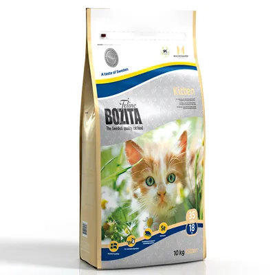 Ambalaj hrană uscată pentru pisici Bozita Feline Kitten, 10 kg, cu imagine pisoi, text vizibil: 'The Swedish quality cat food', 'A taste of Sweden', simboluri Se, 35/18.