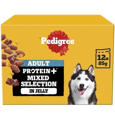 Pedigree Adult Protein+ Mixed Selection in Jelly, 12 x 85g pouches. Product packaging shows food pieces and key product details.