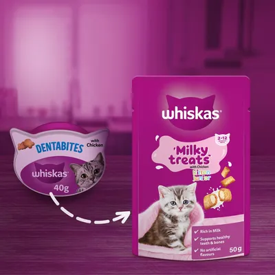 Whiskas Milky Treats with Chicken for kittens aged 2-12 months, rich in milk, supports healthy teeth and bones, no artificial flavours. Dentabites with chicken also shown.