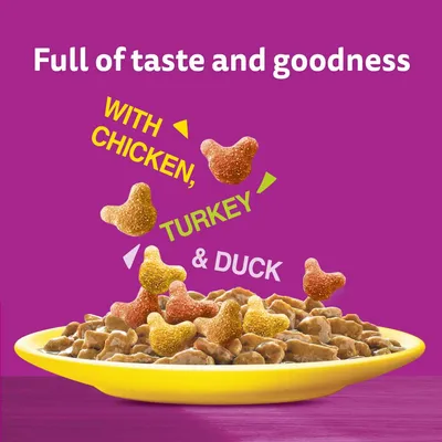 Text reads: Full of taste and goodness. With chicken, turkey and duck. Image shows a yellow plate with dry food pieces shaped like animal heads.