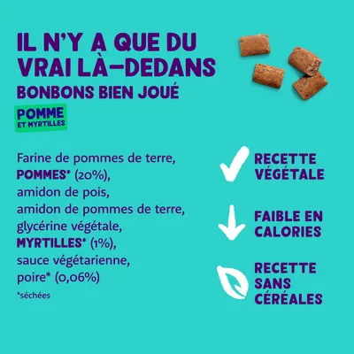 Ingrédients : farine de pomme de terre, pommes (20 %), amidon de pois, myrtilles (1 %), sauce végétarienne, poire (0,06 %). Recette : végétale, faible en calories, sans céréales.