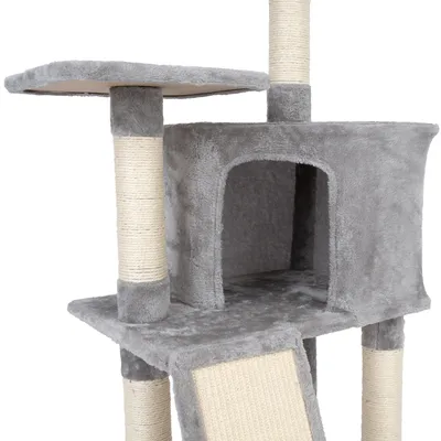 Grauer Kratzbaum mit Höhle, Plattformen und Sisal umwickelten Säulen. Ideal für Katzen zum Klettern und Kratzen.